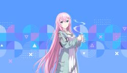 1girl blue_background blue_nails blush breasts closed_mouth coffee collarbone colorful_palette cup fingernails game_cg green_jacket hair_between_eyes hair_ornament hairclip highres holding holding_cup jacket jewelry long_hair looking_at_viewer megurine_luka mug nail_polish necklace nightgown official_art open_clothes open_jacket project_sekai purple_eyes smile solo soshite_ima_ribbon_wo_musunde_(project_sekai) steam third-party_source triangle very_long_hair vocaloid white_nightgown