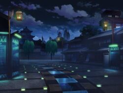 architecture artist_request cloud cobblestone east_asian_architecture fence game_cg lamppost magia_record:_mahou_shoujo_madoka_magica_gaiden mahou_shoujo_madoka_magica map night night_sky no_humans official_art outdoors scenery sky skyline sparkle stream town tree willow