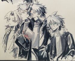 Rule 34 | 4boys, absurdres, atou haruki, chinese commentary, closed eyes, coat, commentary request, curtained hair, fur-trimmed jacket, fur trim, green eyes, hair between eyes, hand on own hip, harada minoru, highres, isoi reiji, jacket, long sleeves, male focus, monochrome, multiple boys, mutou (wanniya88414), open clothes, open coat, open jacket, open mouth, parted bangs, saibou shinkyoku, scar, scar on face, scar on forehead, scar on hand, scarf, shinano eiji, short hair, simple background, sketch, smile, spot color, traditional media, white background