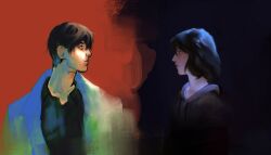 1boy 1girl :| black_eyes black_hair black_hoodie black_shirt closed_mouth coat collared_shirt double-parted_bangs fading hair_between_eyes han_sooyoung hood hoodie kim_dokja light_frown looking_at_another macaronijail medium_hair omniscient_reader&#039;s_viewpoint shirt split_screen upper_body white_coat