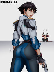 1boy 1girl 2025 abs absurdres artist_name black_hair black_pants blue_bodysuit bodysuit closed_mouth commentary cowboy_shot dante_(devil_may_cry) darkusomega dated devil_may_cry_(netflix) devil_may_cry_(series) english_commentary green_eyes grey_background grey_hair grin gun heterochromia highres holding holding_gun holding_weapon jacket knees_up lady_(devil_may_cry) looking_back open_clothes open_jacket pants red_eyes red_jacket serious short_hair signature simple_background smile smoke smoke_trail smokestack solo_focus squatting two-tone_bodysuit weapon white_hair