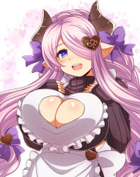 1girl :d afuro apron blush bow braid breast_suppress breasts brown_sweater cleavage cleavage_cutout clothing_cutout draph female_focus granblue_fantasy hair_bow hair_ornament hair_over_one_eye head_tilt heart heart_cutout heart_hair_ornament horns huge_breasts light_purple_hair long_hair long_sleeves looking_at_viewer narmaya_(granblue_fantasy) narmaya_(valentine)_(granblue_fantasy) open_mouth pointy_ears purple_bow purple_eyes ribbed_sweater sleeves_past_wrists smile solo sparkle sweater very_long_hair white_apron white_background