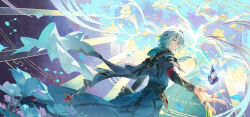 1boy anaxa_(honkai:_star_rail) arm_at_side autumnlll black_shirt blue_coat coat commentary_request eyepatch feet_out_of_frame flower foreshortening gradient_background green_hair grin highres honkai:_star_rail honkai_(series) jewelry long_hair long_sleeves looking_at_viewer male_focus multiple_rings outstretched_arms philosopher&#039;s_stone pink_eyes purple_background ring shirt smile solo spread_arms tree