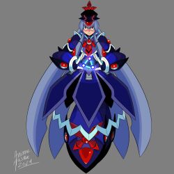 1girl animemaster armor black_hat blue_armor blue_hair bow chest_jewel crossed_legs dress energy forehead_jewel full_body grey_background hat hat_bow helmet highres jewelry kamishirasawa_keine long_hair looking_at_viewer mega_man_(series) mega_man_x_(series) red_bow red_eyes ribbon simple_background solo solo_focus touhou very_long_hair
