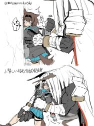 1boy 1girl against_wall animal_ears arknights arm_wrap black_hairband black_jacket black_skin blue_skirt broken_arm brown_eyes brown_hair cape colored_skin constricted_pupils crying crying_with_eyes_open eating fox_ears fox_girl fox_tail hairband hand_on_another&#039;s_back highres hood hood_down hooded_jacket horns horrified imminent_bite injury jacket layered_sleeves lifting_person long_sleeves miniskirt monster monster_boy mutomorokoshi peril pleated_skirt rhodes_island_medic_(arknights) ryona saliva sarkaz_wither_devourer short_hair short_over_long_sleeves short_sleeves simple_background skirt tail tears topless_male translation_request twitter_username veins vore white_background white_cape wide-eyed
