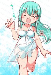 Rule 34 | 1girl, artist logo, breasts, casual one-piece swimsuit, commentary request, dated, facing viewer, feet out of frame, green hair, hair ornament, hairclip, highres, kantai collection, kutone shirika, logo, long hair, medium breasts, one-piece swimsuit, sarong, see-through clothes, see-through sarong, single strap, solo, suzuya (kancolle), swimsuit, waving, white one-piece swimsuit