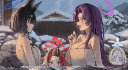 4girls absurdres animal_ears betabeet black_hair blue_archive blush breast_envy breasts cat_ears cleavage collarbone commentary cone_horns eyeshadow facing_another fang fence forehead grey_hair halo hand_on_own_chest highres horns hyakkaryouran_(blue_archive) kikyou_(blue_archive) large_breasts long_hair looking_at_another looking_at_breasts makeup multiple_girls nagusa_(blue_archive) nail_polish naked_towel onsen purple_hair red_eyeshadow red_hair renge_(blue_archive) same-sex_bathing shared_bathing short_hair single_horn skin_fang small_breasts snow straight_hair towel very_long_hair wooden_fence yukari_(blue_archive)
