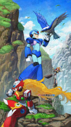Rule 34 | 3boys, armor, axl (mega man), bird, black armor, blonde hair, blue armor, blue helmet, brown hair, chest jewel, forehead jewel, group picture, helmet, highres, long hair, male focus, mega man (series), mega man x (series), multiple boys, nature, outdoors, red armor, red helmet, sitting, spiked hair, standing, standing on one leg, x (mega man), yamanashi taiki, zero (mega man)