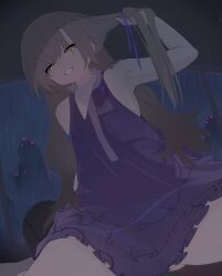 1girl 1other absurdres armpits brown_eyes brown_hair commentary_request dress girl_on_top girls&#039;_frontline highres holding holding_own_hair long_hair looking_at_viewer night night_sky official_alternate_costume open_mouth pov purple_dress rain ryunosuke_nikaido scar scar_across_eye scar_on_face sitting sitting_on_person sky ump45_(diamond_flower)_(girls&#039;_frontline) ump45_(girls&#039;_frontline) white_mouth