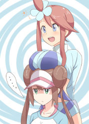 Rule 34 | 10s, 2girls, blue eyes, breast envy, breast rest, breasts, breasts on head, brown hair, cleavage, double bun, green eyes, gym leader, hair bun, hair ornament, hyakuen raitaa, large breasts, long hair, midriff, multiple girls, nintendo, pokemon, pokemon bw2, red hair, rosa (pokemon), skyla (pokemon), twintails, visor cap