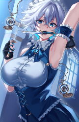 Rule 34 | 1girl, apron, armpits, arms up, blue dress, blue eyes, blue nails, braid, breasts, dress, gloves, grey hair, highres, inue ao, izayoi sakuya, knife, large breasts, long hair, maid, maid headdress, nail polish, partially fingerless gloves, pocket watch, solo, touhou, twin braids, upper body, watch