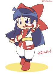 Rule 34 | 1girl, ainu clothes, arm up, artist name, blue eyes, blue hair, breasts, fingerless gloves, gloves, hair ribbon, highres, legs, long hair, looking at viewer, nakoruru, open mouth, pants, ribbon, samurai spirits, small breasts, smile, snk, solo, the king of fighters, thighs, tongue, weapon