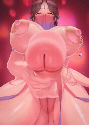 Rule 34 | 1futa, absurdres, arabian clothes, blush, breasts, brown hair, from below, full-package futanari, futanari, half-closed eyes, highres, large breasts, long hair, looking at viewer, mouth veil, open mouth, pasties, penis, pov, pukupukubu, purple eyes, pussy, testicles, veil