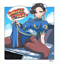 1girl arm_support artist_name blush breasts brown_eyes brown_hair cameltoe capcom car chinese_clothes chun-li clothes_lift come_hither covered_erect_nipples dated double_bun english_text hair_bun half-closed_eyes heart highres in_heat large_breasts legs leotard licking_lips lifting_own_clothes looking_at_viewer motor_vehicle naughty_face pantyhose pink_lips sitting_on_car smile solo spread_legs street_fighter thick_thighs thighs thong_leotard tongue tongue_out