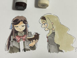 Rule 34 | 2girls, absurdres, art tools in frame, black hairband, blonde hair, blue bow, blush, bow, bowtie, brown hair, chocolate, closed eyes, closed mouth, collared shirt, commentary request, cropped torso, dot mouth, eyebrows hidden by hair, food, from side, grey jacket, hair bow, hair ornament, hairband, hairpin, highres, holding, holding chocolate, holding food, jacket, long hair, long sidelocks, marker (medium), multiple girls, multiple hairpins, open clothes, open jacket, open mouth, red bow, red bowtie, saijou claudine, seishou music academy uniform, shiratama (hockey), shirt, shoujo kageki revue starlight, sidelocks, tendou maya, traditional media, wavy hair, white shirt, x hair ornament