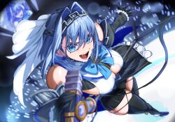 1girl absurdres black_gloves black_sleeves black_thighhighs blue_bow blue_eyes blue_hair bow bow_earrings breasts chain chain_headband detached_sleeves earrings gloves highres holding_microwave hololive hololive_english jewelry koizumi_arata large_breasts looking_at_viewer microphone_stand open_mouth ouro_kronii ouro_kronii_(1st_costume) shirt solo thighhighs veil virtual_youtuber white_shirt