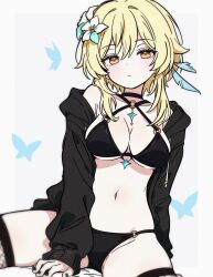1girl arm_behind_back asami-chan between_legs bikini black_bikini black_jacket black_nails blonde_hair breasts closed_mouth dot_nose feather_hair_ornament feathers fishnet_thighhighs fishnets flower genshin_impact hair_flower hair_intakes hair_ornament hand_between_legs hashtag-only_commentary highres jacket light_frown looking_at_viewer lumine_(genshin_impact) medium_breasts medium_hair navel o-ring o-ring_bikini open_clothes open_jacket sidelocks simple_background sitting solo stomach swimsuit thighhighs thighs white_background white_flower yellow_eyes