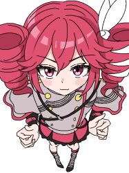1girl :3 ahoge black_boots black_sleeve_cuffs blush boots bow buttons double-breasted drill_hair full_body furrowed_brow grey_jacket grey_skirt hair_between_eyes hair_bow hair_ribbon jacket kasane_teto kasane_teto_(sv) knee_boots long_sleeves looking_at_viewer musical_staff musical_staff_print perspective pixel_art red_eyes red_hair red_socks red_trim ribbon shoulder_belt shoulder_boards simple_background skirt sleeve_cuffs socks solo striped_clothes striped_jacket synthesizer_v twin_drills unenemiko white_background white_bow white_ribbon