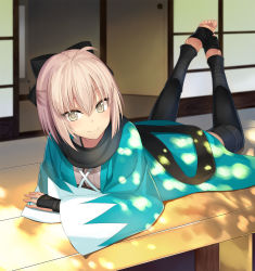 1girl barefoot fate/grand_order fate_(series) feet female_focus fuyutuji hair_ribbon haori highres japanese_clothes kimono koha-ace lying okita_souji okita_souji_(fate) okita_souji_(koha-ace) on_stomach pink_hair porch ribbon shinsengumi short_kimono sleeveless sleeveless_kimono smile soles solo thighhighs toeless_legwear toes yellow_eyes