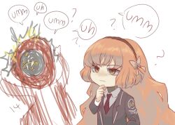 1girl 1other ? black_jacket black_vest blush bow clock collared_shirt dante_(limbus_company) doodle_inset fee_llament freckles green_eyes hair_bow hairband hand_on_own_chin highres ishmael_(project_moon) jacket lapels limbus_company long_hair long_sleeves necktie object_head open_clothes open_jacket orange_hair project_moon red_necktie shirt upper_body very_long_hair vest white_shirt