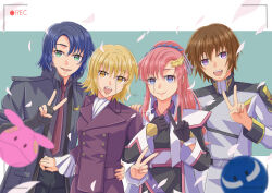 Rule 34 | 2boys, 2girls, absurdres, athrun zala, black gloves, black kimono, blonde hair, blue eyes, blue hair, brother and sister, brown hair, cagalli yula athha, compass uniform, formal clothes, gloves, green eyes, grey jacket, group picture, gundam, gundam seed, gundam seed freedom, hair ornament, hand on another&#039;s hip, hand on another&#039;s shoulder, haro, highres, jacket, japanese clothes, kimono, kira yamato, lacus clyne, locked arms, looking at viewer, military uniform, multiple boys, multiple girls, necktie, pant suit, pants, pink hair, purple eyes, recording, red necktie, siblings, smile, suit, twins, user kunf8626, v, viewfinder, yellow eyes