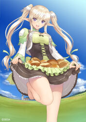 Rule 34 | 1girl, :d, bare legs, barefoot, blonde hair, blue sky, bread, breasts, cleavage, commentary request, corset, day, dress, elf, food, green dress, hair ornament, leg up, long hair, medium breasts, official art, open mouth, pointy ears, puffy sleeves, purple eyes, shannon (shining ark), shining (series), shining ark, shirt, skirt, skirt basket, skirt hold, sky, smile, solo, taut clothes, taut shirt, tony taka, turtleneck, twintails, vest