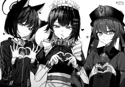 Rule 34 | 3girls, absurdres, animal ears, apron, blue archive, cat ears, cat girl, dress, ellen joe, four-finger heart hands, genshin impact, greyscale, hair between eyes, halo, hat, heart, heart hands, highres, hu tao (genshin impact), jacket, kazusa (blue archive), lollipop in mouth, long hair, looking at viewer, maid, maid apron, maid headdress, monochrome, multiple girls, neckerchief, sailor collar, sakana (whhy8883), short hair, zenless zone zero