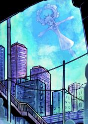 1girl absurdres blue_sky building city cloud crowd deus_ex_maki-chan dress floating giant giantess highres horns mechanical_horns nazo_no_diaboro open_mouth original ringed_eyes sky smile solo staring wide-eyed