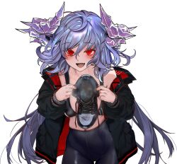 1girl absurdres blue_hair blush highres horns leggings long_hair looking_at_viewer open_mouth original red_eyes shoes single_shoe sports_bra steam transparent_background unworn_shoes yingxiong_wang_mimi