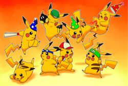 Rule 34 | &gt; &lt;, baseball bat, baseball cap, bob-omb, bowler hat, explosive, fighting, gen 1 pokemon, goggles, goggles on head, gradient background, green headband, hand fan, hat, head fuse, headband, jumping, kicking, midair, multiple persona, nintendo, official alternate costume, orange background, paper fan, party hat, pikachu, pokachuu, poke ball, pokemon, pokemon (creature), red hat, smile, star (symbol), star print, super smash bros.