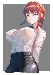 1girl belt black_belt black_necktie black_pants border braid braided_ponytail breasts buttons chainsaw_man closed_mouth collared_shirt commentary_request covered_erect_nipples grey_background highres kokuu_rikishi large_breasts long_sleeves looking_at_viewer makima_(chainsaw_man) necktie pants red_hair ringed_eyes shirt sidelocks simple_background smile solo white_border white_shirt yellow_eyes