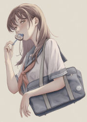 Rule 34 | 1girl, absurdres, bag, blue bag, blue sailor collar, brown hair, candy, cropped torso, food, grey background, grey eyes, hair behind ear, highres, holding, holding candy, holding food, holding lollipop, lollipop, long hair, looking at viewer, neckerchief, original, otto (otto52coffee), red neckerchief, sailor collar, school bag, shaped lollipop, shirt, short sleeves, sideways glance, simple background, solo, upper body, white shirt