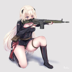 Rule 34 | 1girl, absurdres, aiming, battle rifle, cleavage cutout, clothing cutout, cross, cross necklace, full body, g3 (girls&#039; frontline), girls&#039; frontline, grey background, gun, h&amp;k g3, highres, jewelry, kneeling, leg up, looking to the side, martinreaction, necklace, pointing, pointing to the side, purple eyes, rifle, solo, thigh strap, weapon, white hair