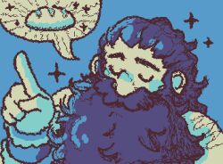 1boy acatpiestuff animated animated_gif beard beard_over_mouth blue_theme bread closed_eyes dungeon_meshi dwarf facial_hair food index_finger_raised long_beard lowres male_focus monochrome mustache senshi_(dungeon_meshi) solo sparkle sparse_arm_hair spoken_object thick_mustache u_u upper_body very_long_beard
