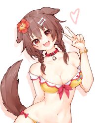 1girl absurdres adapted_costume animal_collar animal_ears bikini bone_hair_ornament braid breasts brown_eyes brown_tail cleavage collar dog_ears dog_girl dog_tail fang flower hair_between_eyes hair_flower hair_ornament heart hibiscus highres hololive inugami_korone long_hair looking_at_viewer low_twin_braids ma_draws medium_breasts navel open_mouth red_collar simple_background skin_fang smile solo swimsuit tail twin_braids v virtual_youtuber white_background yellow_bikini