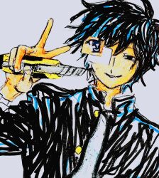 1boy asymmetrical_eyes black_eyes black_hair boxcutter gakuran grey_background hand_up highres holding holding_boxcutter male_focus randal&#039;s_friends school_uniform short_hair simple_background traditional_media tsukada_satoru upper_body uri_ka55 v