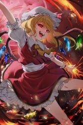 absurdres blonde_hair blood blood_in_mouth crystal_wings dress fangs fire flandre_scarlet gyu_chul hair_between_eyes hat highres moon open_mouth red_dress red_eyes red_moon ribbon sidelocks touhou vampire white_hat yellow_ribbon