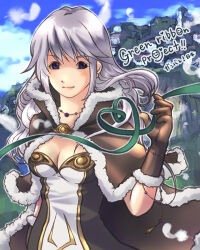 1girl blue_sky breasts brown_cape brown_dress brown_gloves cape cleavage closed_mouth cloud commentary_request day dress feathers fur-trimmed_cape fur-trimmed_gloves fur_trim gloves gobaku_no_hito grey_hair high_wizard_(ragnarok_online) long_hair looking_at_viewer lowres medium_breasts outdoors purple_eyes ragnarok_online sky smile solo translation_request two-tone_dress upper_body white_dress