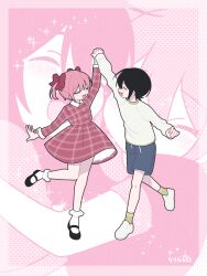 1boy 1girl ^_^ aged_down arm_at_side arm_up black_hair black_shoes bobby_socks child closed_eyes collared_dress couple dancing dress facing_another grey_shorts hair_ribbon halftone halftone_background happy highres long_sleeves mary_janes open_mouth original pink_background pink_hair plaid_clothes plaid_dress rari_q ribbon shoes short_hair short_twintails shorts smile socks sparkle standing standing_on_one_leg sweater tube_socks twintails white_shoes white_socks white_sweater yellow_socks zoom_layer