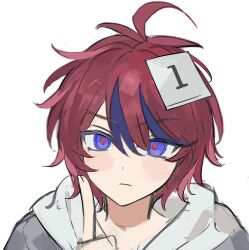 1boy ahoge blue_eyes blue_hair closed_mouth fingernails frown hair_between_eyes hand_up looking_at_viewer male_focus matching_hair/eyes messy_hair multicolored_eyes multicolored_hair note_on_head red_eyes red_hair simple_background solo solo_focus streaked_hair sumino_takumi the_hundred_line_-last_defense_academy- white_background