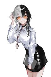 1girl absurdres black_choker black_hair black_skirt breasts choker clipboard closed_mouth collared_shirt glasses grey_hair hand_up highres holding holding_clipboard hololive hololive_english kurochanai lanyard large_breasts miniskirt multicolored_hair office_lady orange-tinted_eyewear shiori_novella shirt simple_background skirt smile solo split-color_hair tinted_eyewear two-tone_hair virtual_youtuber white_background white_shirt yellow_eyes
