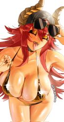 1girl aviator_sunglasses backwards_hat baseball_cap bent_over bikini breasts cleavage closed_eyes collarbone dragon_girl dragon_horns eyeshadow eyewear_on_head fingernails gold_bikini gold_lips gold_nails golden_week golden_week_bikini hat highleg highleg_bikini highres horns huge_breasts large_breasts lips long_hair looking_at_viewer makeup mascara open_mouth pointy_ears red_hair satin_bikini shiny_swimsuit simple_background smile solo string_bikini sunglasses swimsuit vacantstone virtual_youtuber vshojo white_background zentreya zentreya_(dragon)