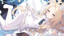 1girl absurdres animal_ears bird blonde_hair blue_archive breasts detached_sleeves dress forehead fox_ears fox_girl frilled_dress frills halo highres loli long_hair looking_at_viewer lying pantyhose parted_lips pinstripe_pattern pu_ht red_eyes seia_(blue_archive) small_breasts solo striped_clothes striped_pantyhose vertical-striped_clothes vertical-striped_pantyhose white_dress white_pantyhose white_sleeves yellow_halo