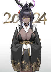 Rule 34 | 1girl, 2024, :o, absurdres, alternate costume, animal ears, black choker, black hair, black kimono, blue archive, blush, breasts, choker, cleavage, dark-skinned female, dark skin, dragon print, fake animal ears, flower, gloves, hair flower, hair ornament, halo, highres, huge breasts, japanese clothes, karin (blue archive), kimono, large breasts, looking at viewer, mark jin, own hands together, pelvic curtain, rabbit ears, sidelocks, simple background, solo, white background, white gloves, wide sleeves, yellow eyes