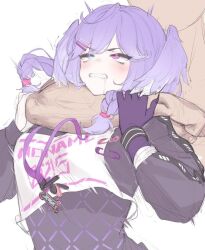 1boy 1girl artist_request asphyxiation asymmetrical_arms black_sweater blue_eyes blush braid breasts choke_hold clenched_teeth faceless faceless_male fangs hair_ornament hairclip hands_on_another&#039;s_arm head_wings heterochromia lanyard long_sleeves nijisanji nijisanji_en protected_link purple_eyes purple_hair purple_wings race_bib rolling_eyes safety_pin saliva selen_tatsuki selen_tatsuki_(1st_costume) simple_background strangling sweater teeth twin_braids upper_body virtual_youtuber white_background wings wristband