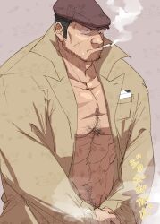 Rule 34 | 1boy, abs, bara, check copyright, coat, copyright request, covering crotch, covering privates, cowboy shot, facial hair, fugur6 fugur9, hat, highres, huge pectorals, male focus, mature male, medium sideburns, muscular, muscular male, naked coat, navel, navel hair, original, pectoral cleavage, pectorals, sanpaku, scar, short hair, sideburns stubble, smoking, solo, sparse chest hair, sparse stubble, standing, steam, strongman waist, stubble, translation request, tsurime