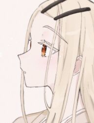 1girl blonde_hair close-up enmangusoku_santarou gakuen_idolmaster hair_ornament hairclip idolmaster long_hair looking_to_the_side orange_eyes parted_lips profile shinosawa_hiro simple_background solo upper_body white_background