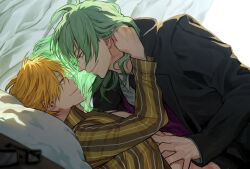 Rule 34 | 2boys, bed, bernardo ortolani, black jacket, black necktie, blonde hair, closed mouth, collared shirt, couple, eye contact, from side, giancarlo bourbon del monte, green eyes, green hair, hand in another&#039;s hair, hand on another&#039;s chest, hand under clothes, hand under shirt, indoors, jacket, long hair, long sleeves, looking at another, lucky dog 1, lying, male focus, miyamoyan, multiple boys, necktie, on back, on bed, open clothes, open shirt, pillow, profile, purple vest, shirt, short hair, smile, striped clothes, striped shirt, upper body, vertical-striped clothes, vertical-striped shirt, vest, white shirt, yaoi, yellow eyes, yellow shirt