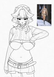 Rule 34 | 1girl, animal ear piercing, animal ears, belly, belt, bra, breasts, collar, crop top, crop top overhang, cropped sweater, daseinsu, hair ornament, hairclip, hat, highres, hololive, hololive english, large breasts, lineart, miniskirt, mole, mole on stomach, navel, panther ears, panther girl, photo-referenced, photo inset, raora panthera, skirt, sleeves past wrists, solo, underwear, virtual youtuber, x hair ornament