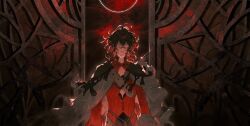 1boy black_hair chest_belt cloak curly_hair dante_alighieri_(fate) dante_alighieri_(second_ascension)_(fate) fate/grand_order fate_(series) grey_cloak grey_eyes highres long_sleeves looking_at_viewer male_focus medium_hair multicolored_hair red_hair rope_belt shirt solo torn_cloak torn_clothes two-tone_hair uda_(xax_057) upper_body